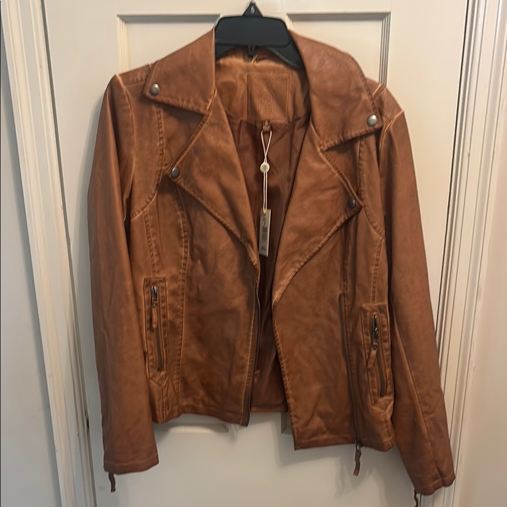 Max Studio Tan Leather Moto Jacket Asymmetrical Design